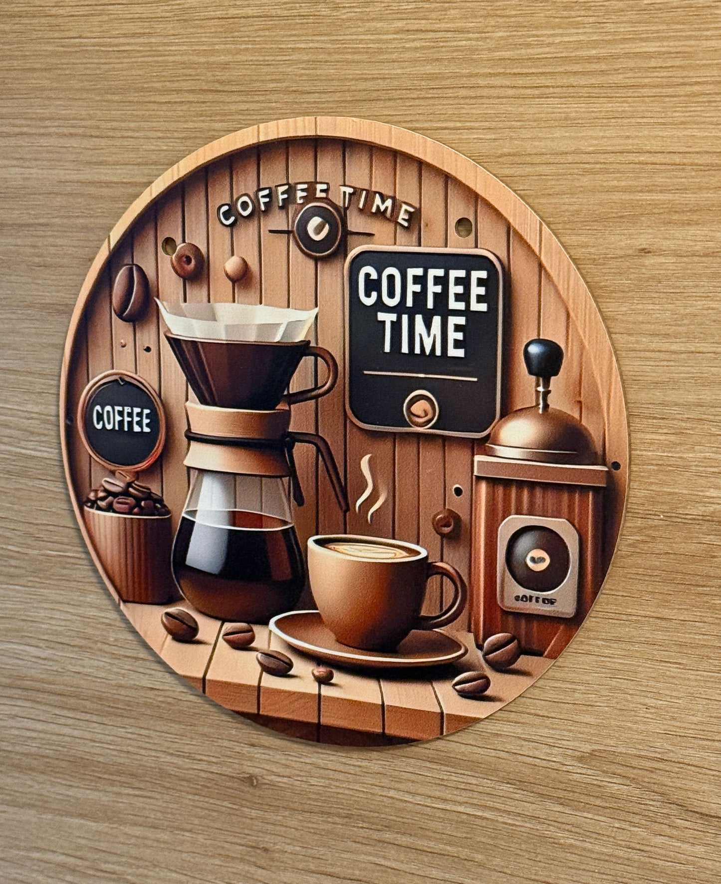 Plaque Décorative Bois "Coffee Time" - Café Moulin Cafetière - 19,5cm avec Ficelle