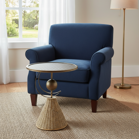 Table d’appoint artisanale métal & rotin, bout de canapé – Pièce originale