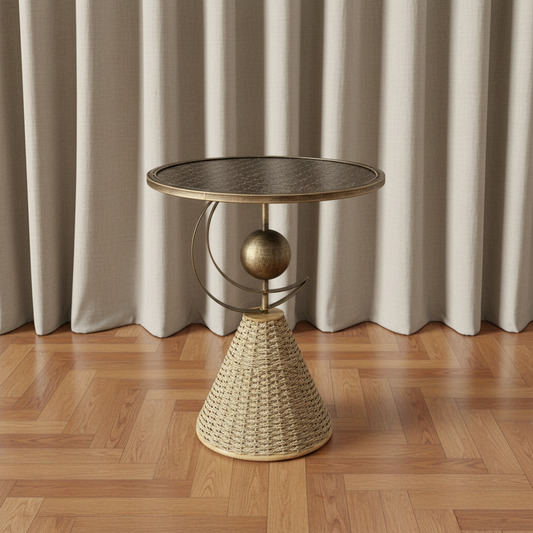 Table d’appoint artisanale métal & rotin, bout de canapé – Pièce originale