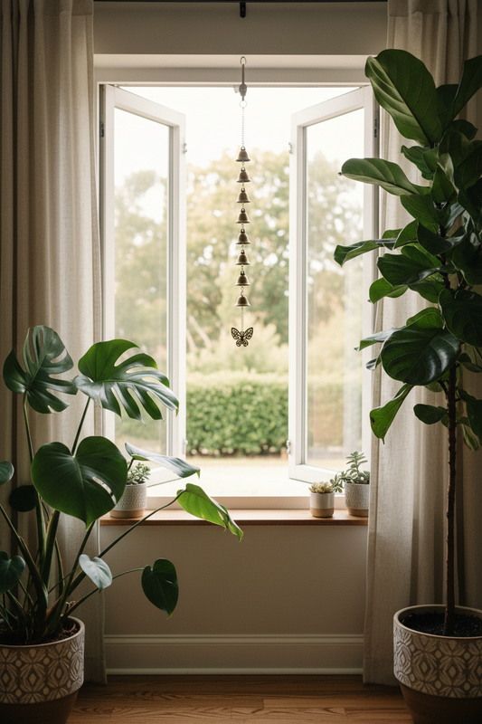 Carillon Feng Shui - 9 Clochettes Dorées - Papillon Ajouré - 61cm