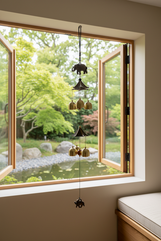 Carillon feng shui éléphant suspendu devant fenêtre - ambiance zen naturelle