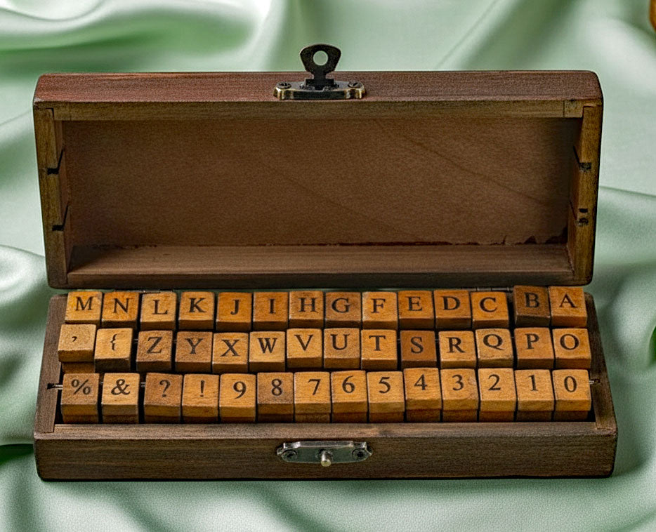 Abécédaire 42 tampons bois - Alphabet vintage avec boîte