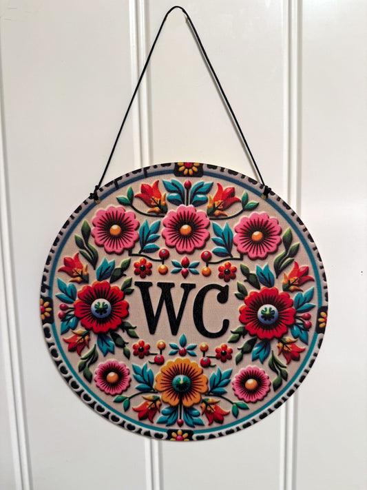 Plaque Décorative Ronde "WC" - Fleurs Folkloriques Colorées