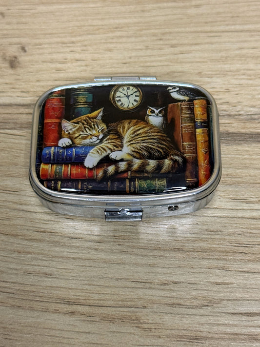 Pilulier Chat Bibliothèque - Chat Tigré sur Livres - 2 Compartiments avec Miroir - 5,5cm