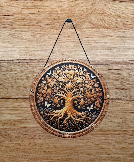 Plaque Décorative Métal Arbre de Vie - Doré et Noir - Papillons - 20cm avec Ficelle
