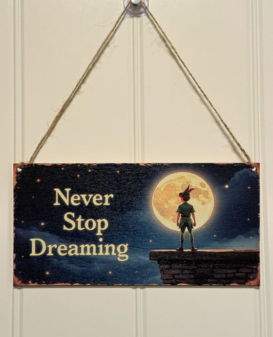 Plaque Décorative Bois "Never Stop Dreaming" - Enfant Lune - 10x20cm avec Ficelle