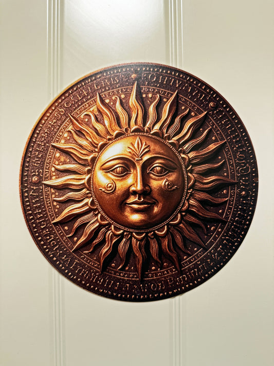 Plaque Décorative Métal Soleil Astrologique - Relief Cuivré Doré - 19,5cm avec Ficelle
