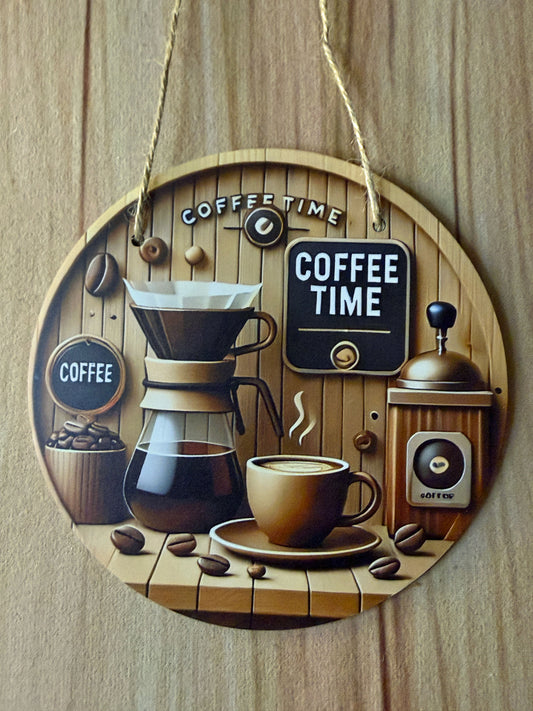 Plaque Décorative Bois "Coffee Time" - Café Moulin Cafetière - 19,5cm avec Ficelle