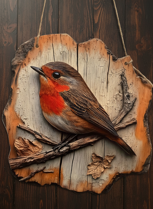 Plaque Décorative Bois - Rouge-Gorge sur Branche d'Automne